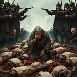 A full-body illustration of an elderly man, his face obscured by the brim of his hat, desperately trying to hide his tears as he kneels in a mass grave filled with freshly dead human bodies