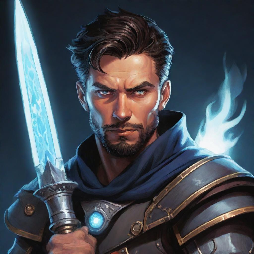 A comic-style portrait illustration of a RPG Arcane Warrior, his eyes glowing with magic as he holds his enchanted weapon.