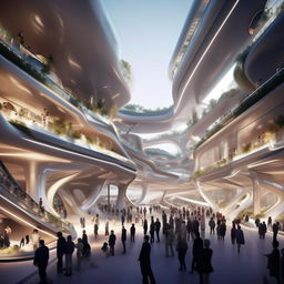 A futuristic state-of-the-art street bustling with pedestrians and vehicles, showcasing advanced architecture, infrastructure, and transport technology.