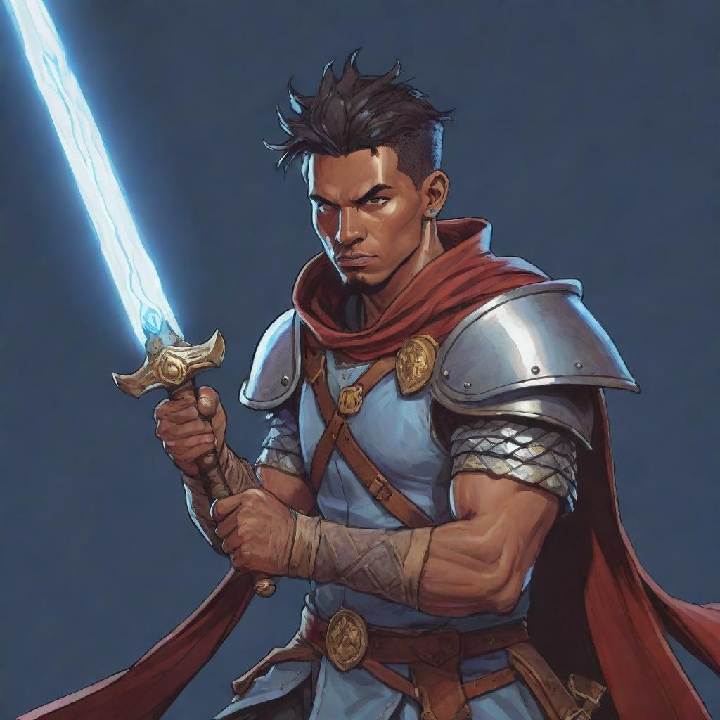 A comic-style portrait illustration of a RPG Arcane Warrior, brimming with mystical energy and wielding a magically imbued weapon.