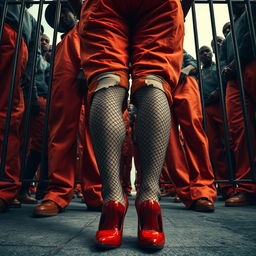 A dynamic low angle shot focusing on a large group of African American gang members with baggy orange pants sagging around their knees, standing assertively with their legs spread apart