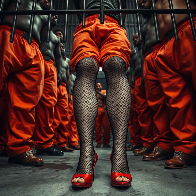 A dynamic low angle shot focusing on a large group of African American gang members with baggy orange pants sagging around their knees, standing assertively with their legs spread apart