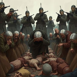 A full-body illustration of an elderly man, his face obscured by the brim of his hat, desperately trying to hide his tears as he kneels in a ditch filled with fresh corpses