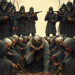 A full-body illustration of an elderly man, his face obscured by the brim of his hat, desperately trying to hide his tears as he kneels in a ditch
