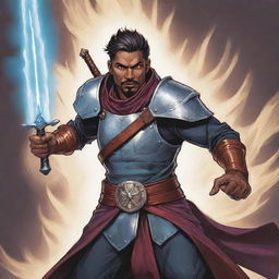 A comic-style portrait illustration of a RPG Arcane Warrior, brimming with mystical energy and wielding a magically imbued weapon.