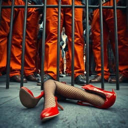 A dramatic low-angle scene depicting a large group of African American gang members standing together, their legs clad in baggy orange pants worn low around their knees