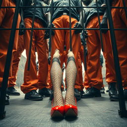 A dramatic low-angle scene depicting a large group of African American gang members standing together, their legs clad in baggy orange pants worn low around their knees