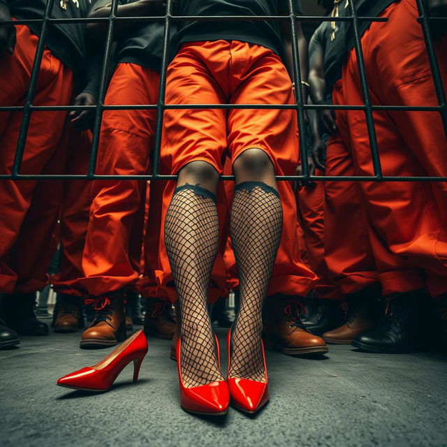 A dramatic low-angle scene depicting a large group of African American gang members standing together, their legs clad in baggy orange pants worn low around their knees