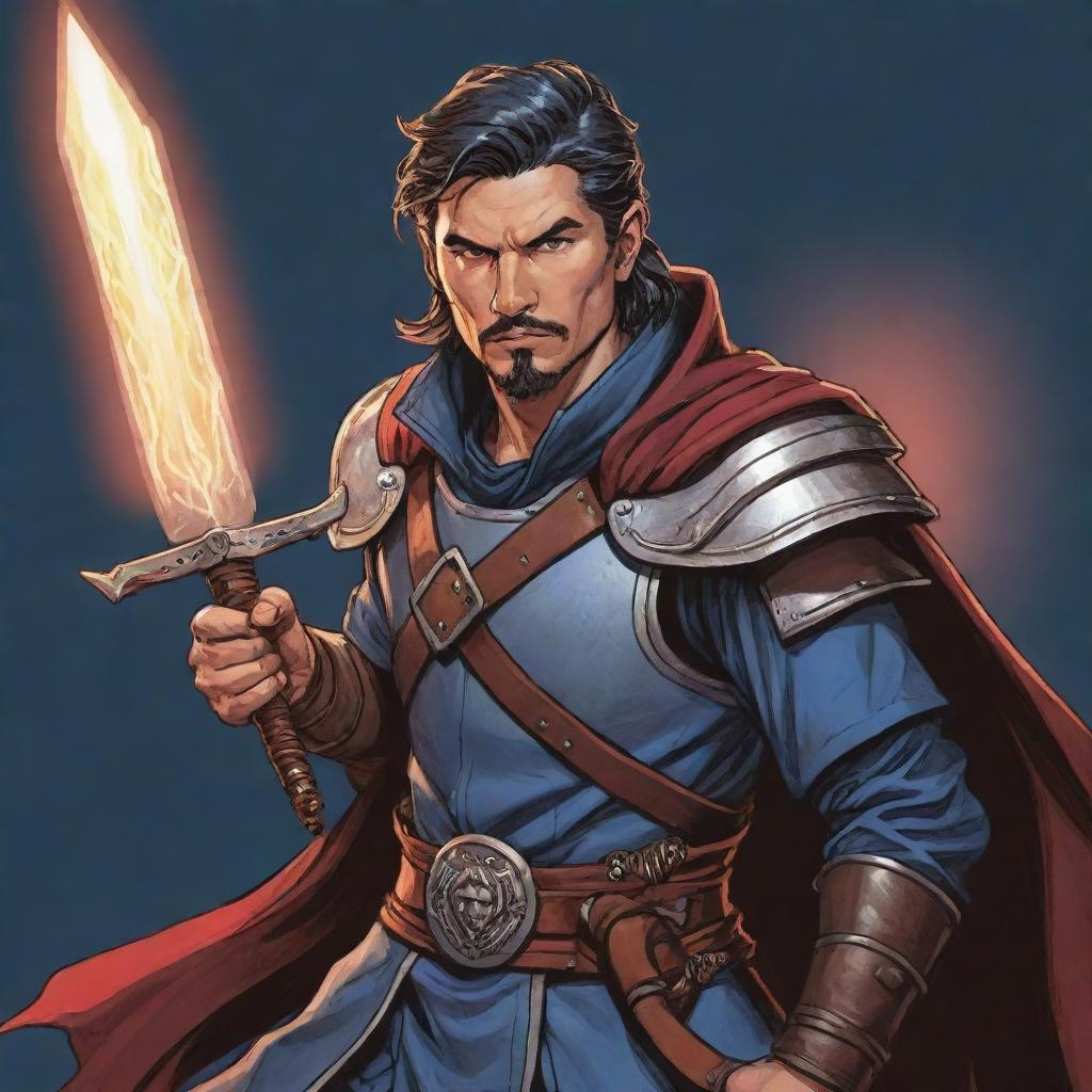 A comic-style portrait illustration of a RPG Arcane Warrior, brimming with mystical energy and wielding a magically imbued weapon.