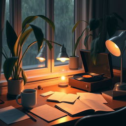 A serene lofi study scene featuring a cozy desk with a vintage record player, softly spinning a vinyl