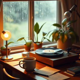 A serene lofi study scene featuring a cozy desk with a vintage record player, softly spinning a vinyl