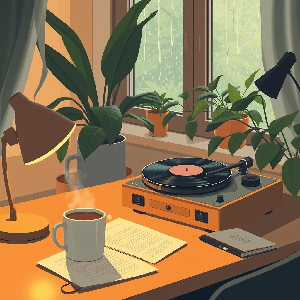 A serene lofi study scene featuring a cozy desk with a vintage record player, softly spinning a vinyl