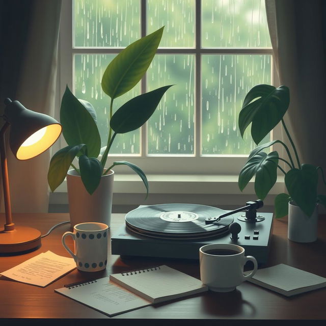 A serene lofi study scene featuring a cozy desk with a vintage record player, softly spinning a vinyl