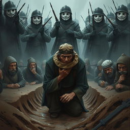 A dark, tragic fantasy illustration depicting an elderly man kneeling in a muddy ditch, his face obscured by the brim of his worn hat, desperately trying to hide his tears