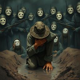 A dark, tragic fantasy illustration depicting an elderly man kneeling in a muddy ditch, his face obscured by the brim of his worn hat, desperately trying to hide his tears