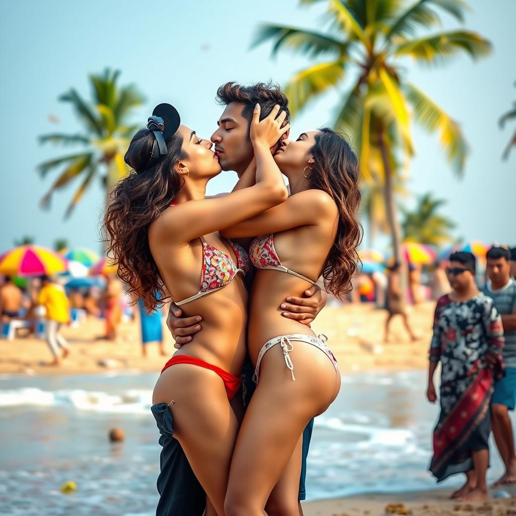 A vibrant beach scene set in Goa, featuring a young woman inspired by Kiara Advani clad in a stylish bikini, locked in a passionate kiss with a man