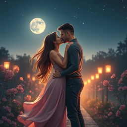 A romantic scene depicting a couple sharing a passionate kiss under the moonlight