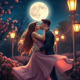 A romantic scene depicting a couple sharing a passionate kiss under the moonlight