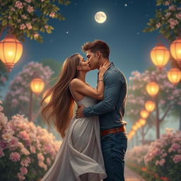 A romantic scene depicting a couple sharing a passionate kiss under the moonlight