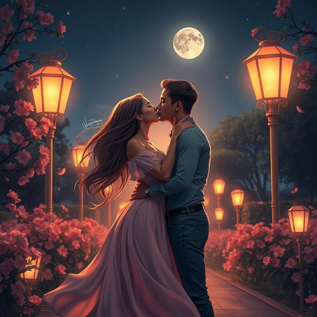 A romantic scene depicting a couple sharing a passionate kiss under the moonlight