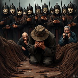 A full body illustration of an elderly man kneeling in a muddy ditch, his face hidden by the brim of his worn hat, desperately trying to conceal his tears
