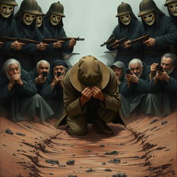 A full body illustration of an elderly man kneeling in a muddy ditch, his face hidden by the brim of his worn hat, desperately trying to conceal his tears