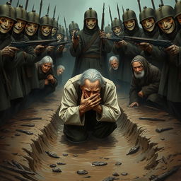 A full body illustration of an elderly man kneeling in a muddy ditch, his face hidden by the brim of his worn hat, desperately trying to conceal his tears