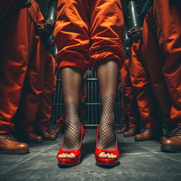A low angle view showcasing a large group of African American gang members, their baggy orange pants sagging around their knees, as they surround two Caucasian legs