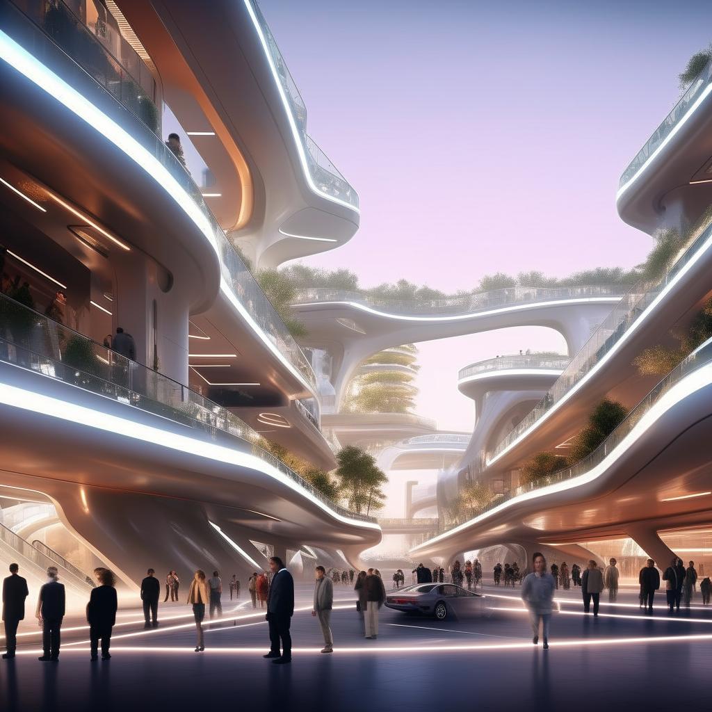 A futuristic state-of-the-art street bustling with pedestrians and vehicles, featuring advanced architecture and technology.