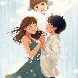 A romantic scene of a girl and a boy dancing joyfully in the rain, surrounded by droplets glistening in the light