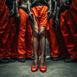A dramatic low-angle shot of a large group of African American gang members standing with baggy orange pants, their pants sagging down around their knees