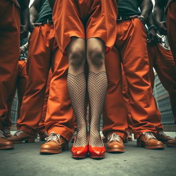 A dramatic low-angle shot of a large group of African American gang members standing with baggy orange pants, their pants sagging down around their knees