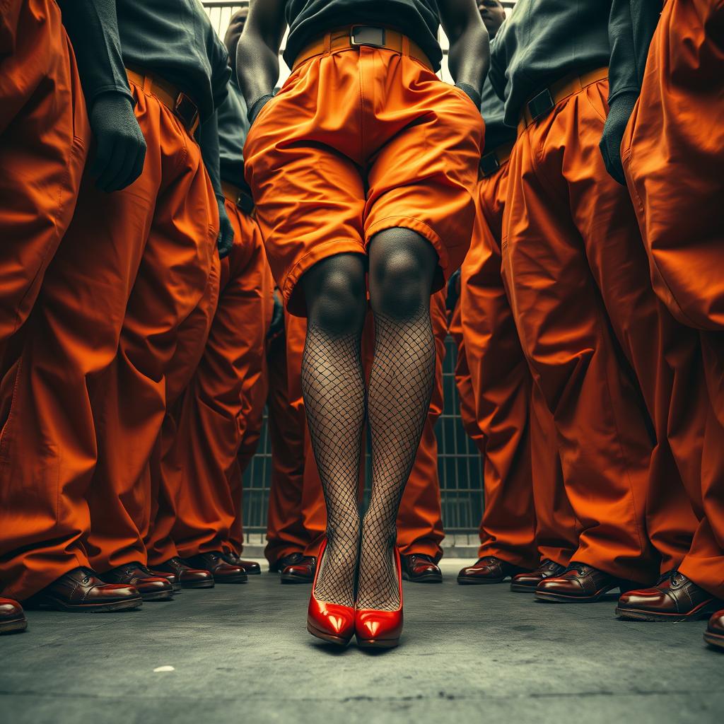 A dramatic low-angle shot of a large group of African American gang members standing with baggy orange pants, their pants sagging down around their knees