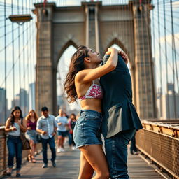 A lively scene set on the iconic Brooklyn Bridge, featuring a young woman inspired by Kiara Advani dressed in a stylish bikini top and a denim sheer mini skirt
