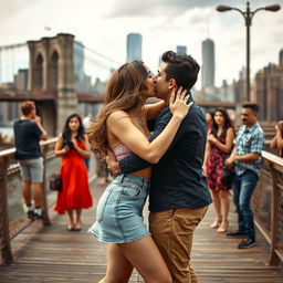 A lively scene set on the iconic Brooklyn Bridge, featuring a young woman inspired by Kiara Advani dressed in a stylish bikini top and a denim sheer mini skirt