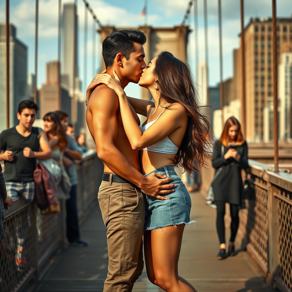 A lively scene set on the iconic Brooklyn Bridge, featuring a young woman inspired by Kiara Advani dressed in a stylish bikini top and a denim sheer mini skirt