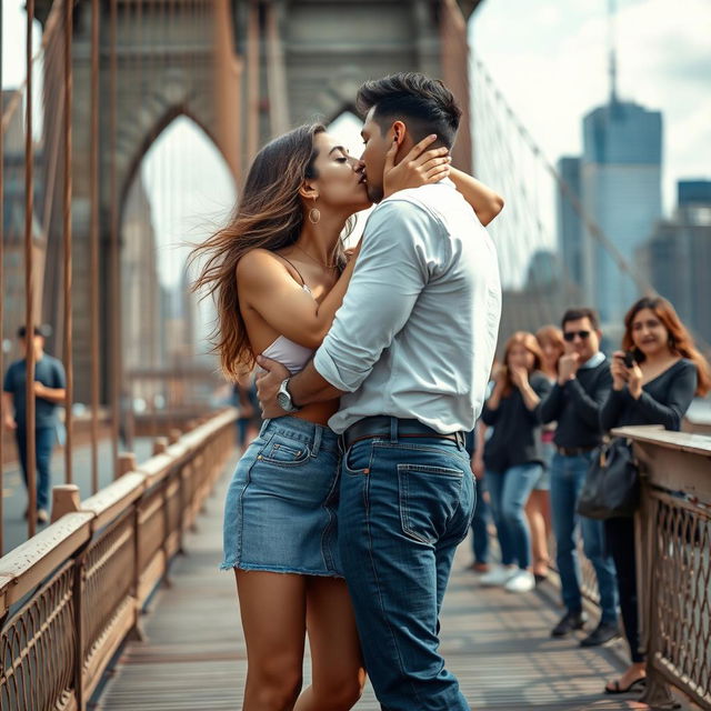 A lively scene set on the iconic Brooklyn Bridge, featuring a young woman inspired by Kiara Advani dressed in a stylish bikini top and a denim sheer mini skirt