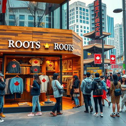 A vivid street scene depicting a modern Roots Canada store located in South Korea, showcasing the combination of Canadian culture and Korean urban lifestyle