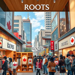 A vivid street scene depicting a modern Roots Canada store located in South Korea, showcasing the combination of Canadian culture and Korean urban lifestyle