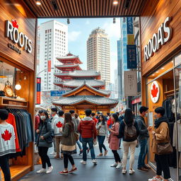 A vivid street scene depicting a modern Roots Canada store located in South Korea, showcasing the combination of Canadian culture and Korean urban lifestyle