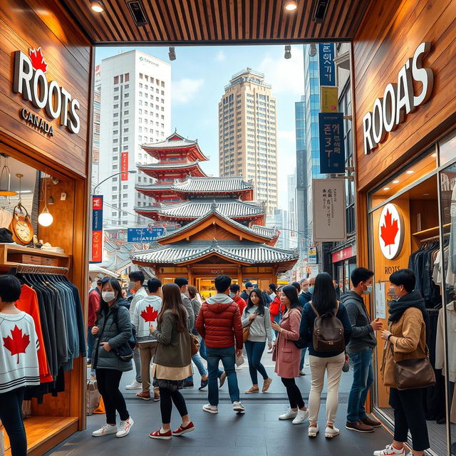 A vivid street scene depicting a modern Roots Canada store located in South Korea, showcasing the combination of Canadian culture and Korean urban lifestyle