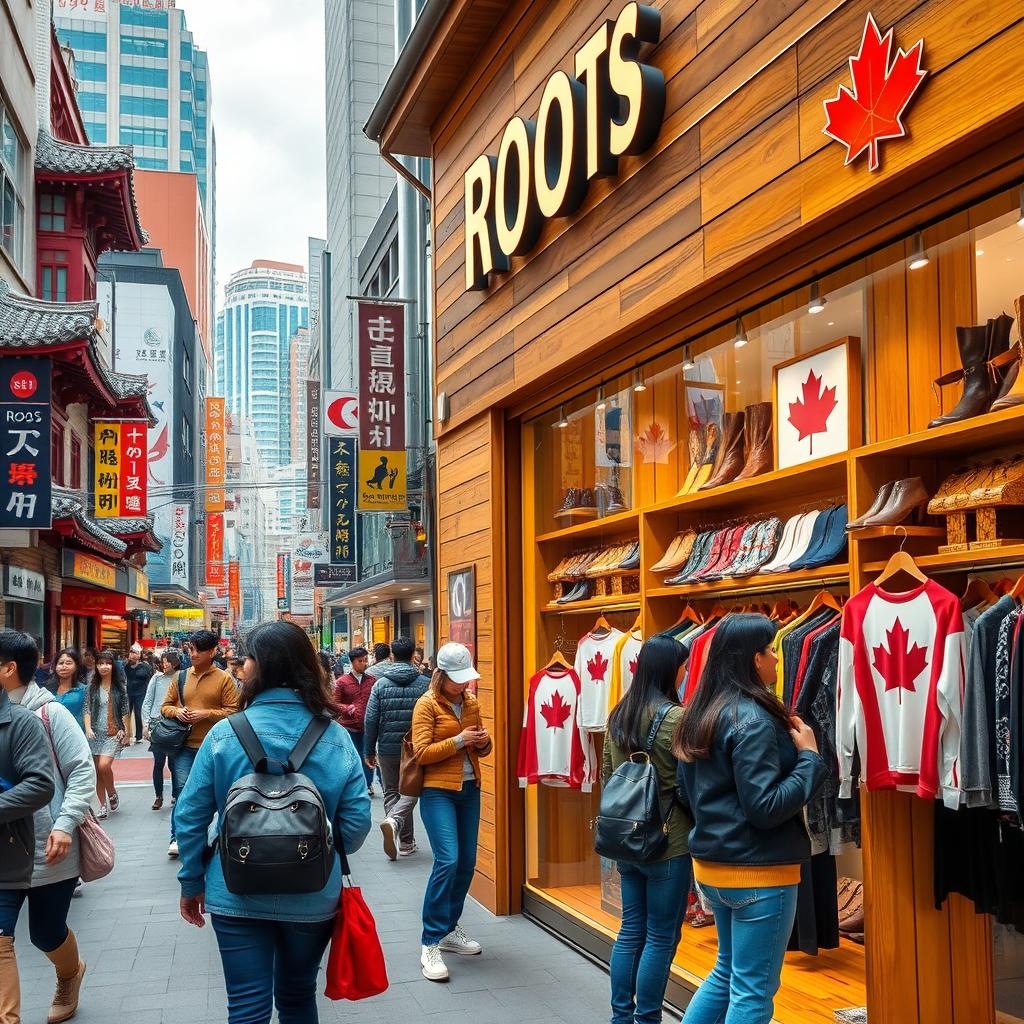 A vivid street scene depicting a modern Roots Canada store located in South Korea, showcasing the combination of Canadian culture and Korean urban lifestyle