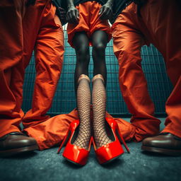 A dramatic low-angle view of a group of African American gang members, their legs prominently displayed, wearing baggy orange pants that hang down around their knees