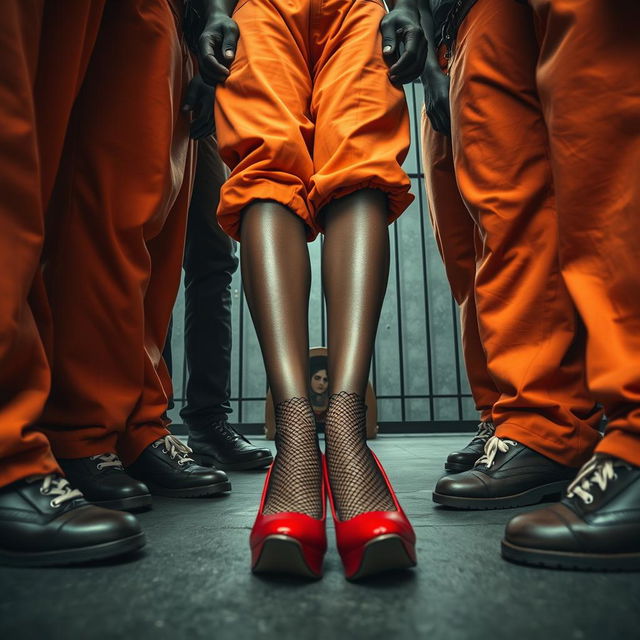 A dramatic low-angle view of a group of African American gang members, their legs prominently displayed, wearing baggy orange pants that hang down around their knees