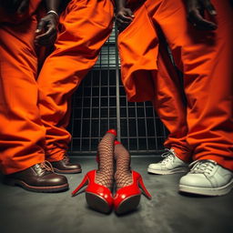A dramatic low-angle view of a group of African American gang members, their legs prominently displayed, wearing baggy orange pants that hang down around their knees