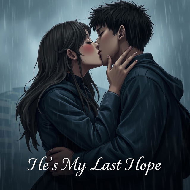 A realistic and intimate scene of a girl and a boy sharing a passionate kiss in the gloomy rain, their faces close together as raindrops cascade down around them, enhancing the emotional weight of the moment