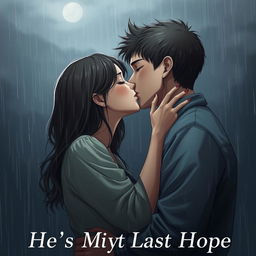 A realistic and intimate scene of a girl and a boy sharing a passionate kiss in the gloomy rain, their faces close together as raindrops cascade down around them, enhancing the emotional weight of the moment