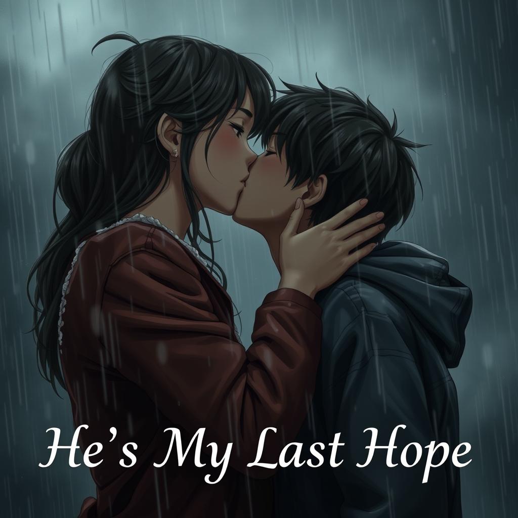 A realistic and intimate scene of a girl and a boy sharing a passionate kiss in the gloomy rain, their faces close together as raindrops cascade down around them, enhancing the emotional weight of the moment