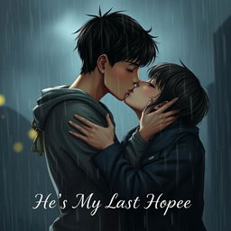 A realistic and intimate scene of a girl and a boy sharing a passionate kiss in the gloomy rain, their faces close together as raindrops cascade down around them, enhancing the emotional weight of the moment