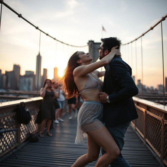 A dynamic scene set on the iconic Brooklyn Bridge, featuring a young woman inspired by Kiara Advani dressed in a chic bikini top and a sheer mini skirt